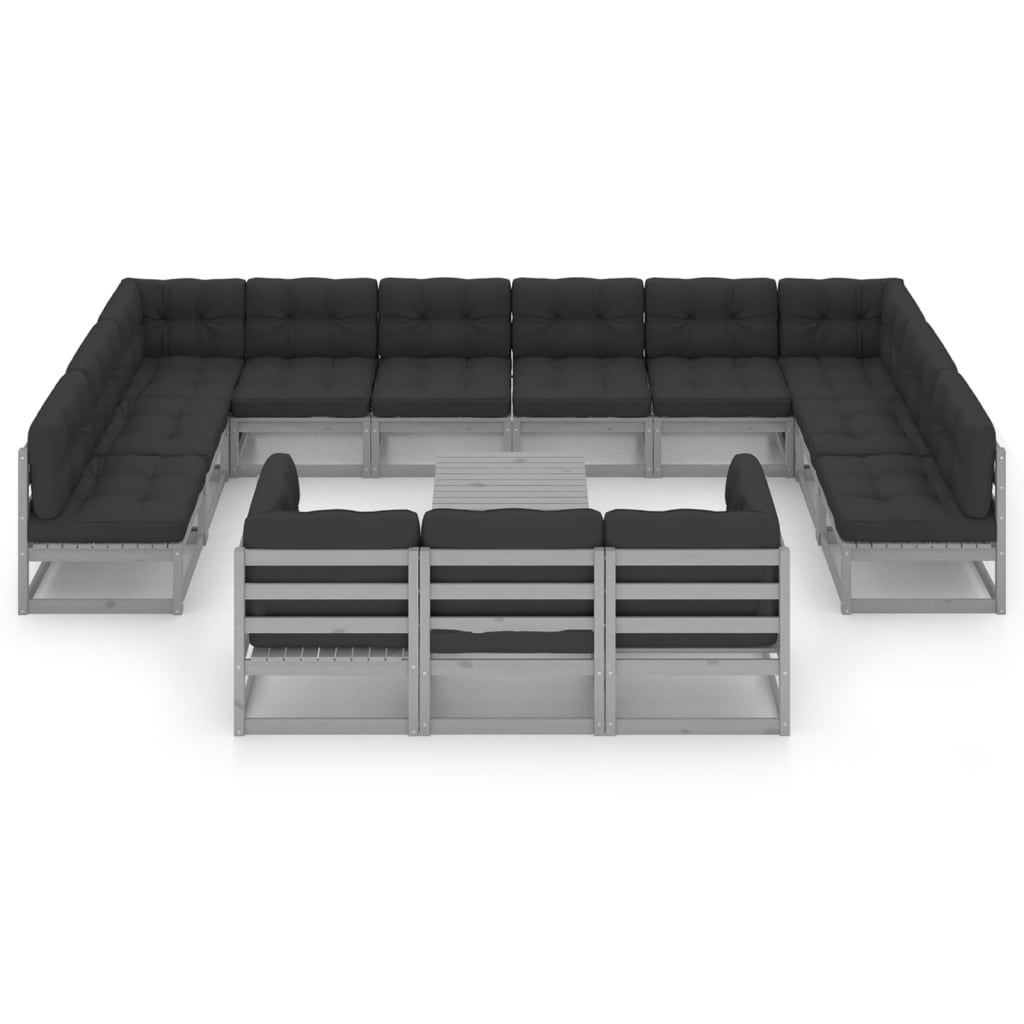 14-tlg. Garten-Lounge-Set mit Kissen Grau Kiefer Massivholz